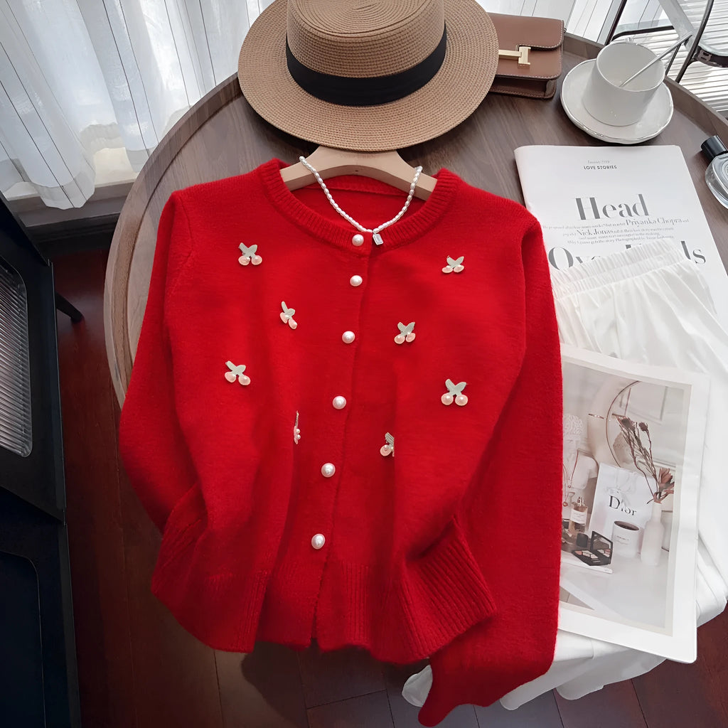 Women's cashmere cardigan with beaded trim in French sweet style, available in four colours