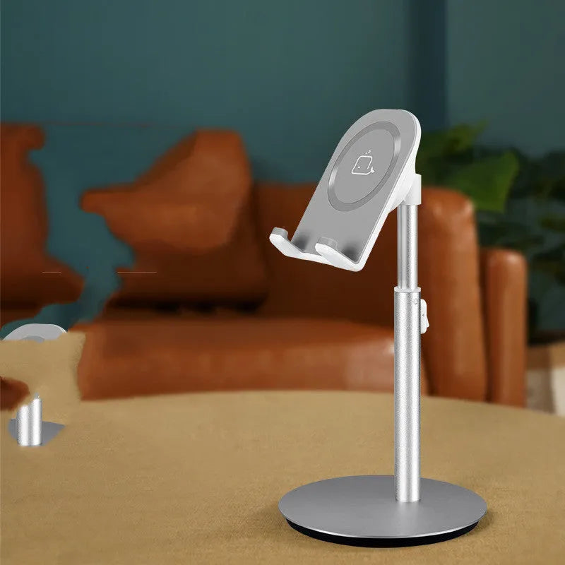 Silver metal desktop stand for phones and tablets S1 model upright on a desk