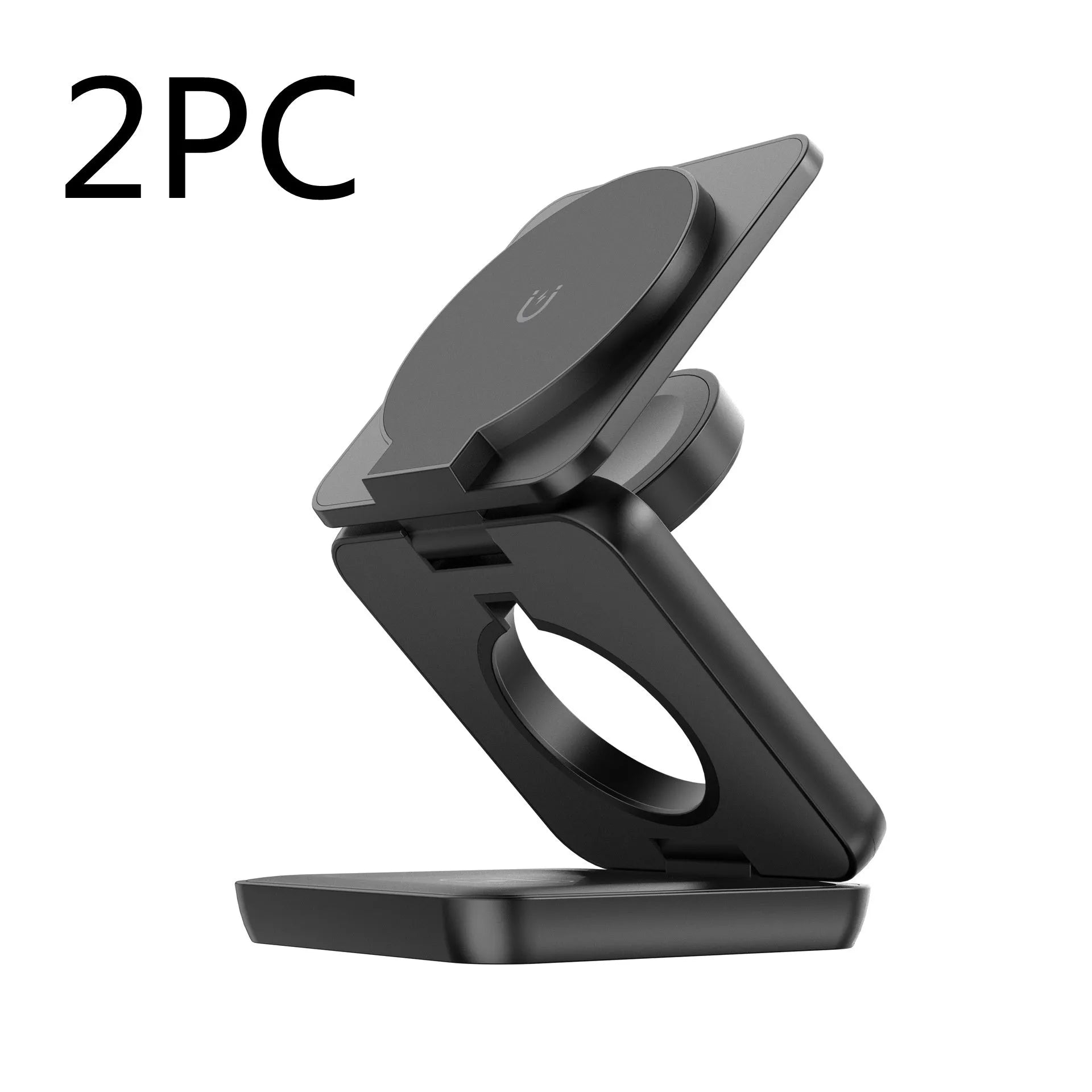 Foldable black magnetic wireless charging phone holder mounted on a car dashboard.