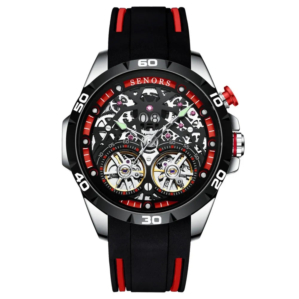 Automatic mechanical men's watch with skeleton dial showing movement, luminous hands, blue colour option