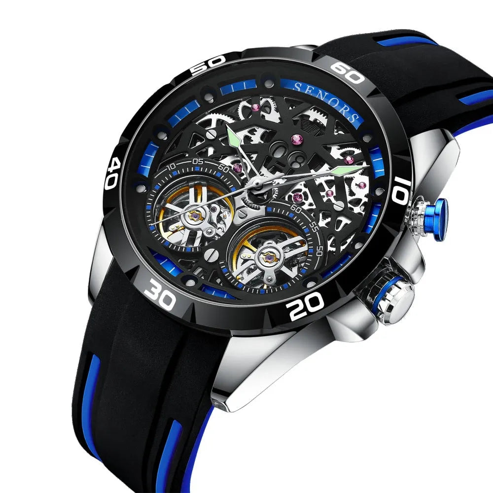 Automatic mechanical men's watch with skeleton dial showing movement, luminous hands, blue colour option