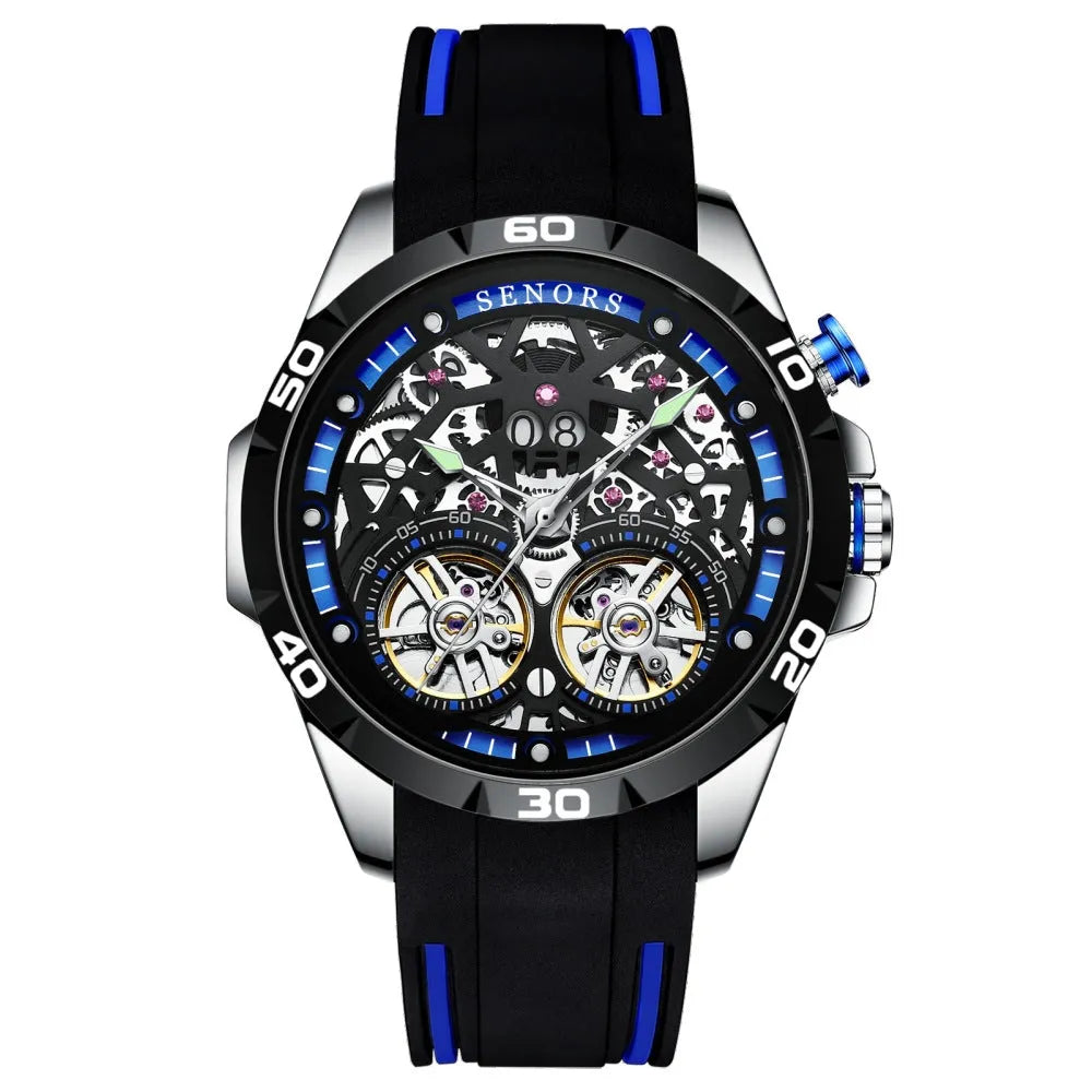 Automatic mechanical men's watch with skeleton dial showing movement, luminous hands, blue colour option