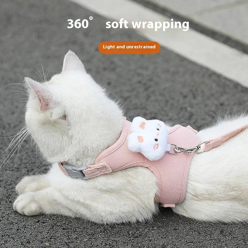 Adjustable corduroy cat walking rope with chest strap, blue bear colour, 1.2m length