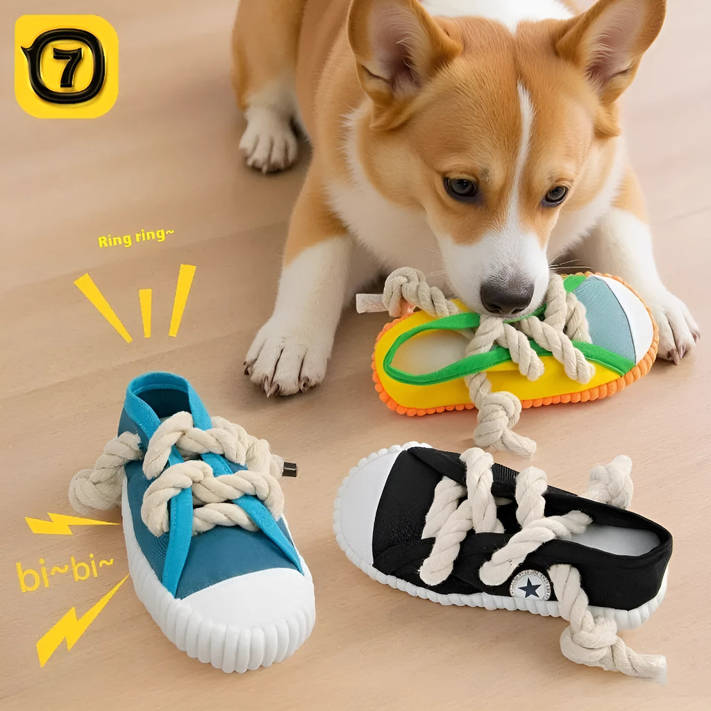 Durable plastic dog chew toy with bends and a squeaker in yellow, black, or blue.