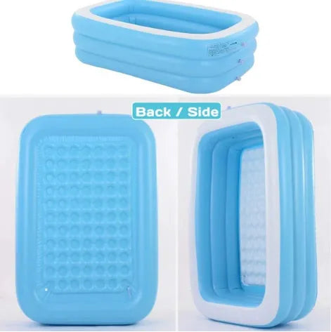 Blue and white rectangular inflatable PVC swimming pool 150cm x 110cm x 50cm in a garden setting