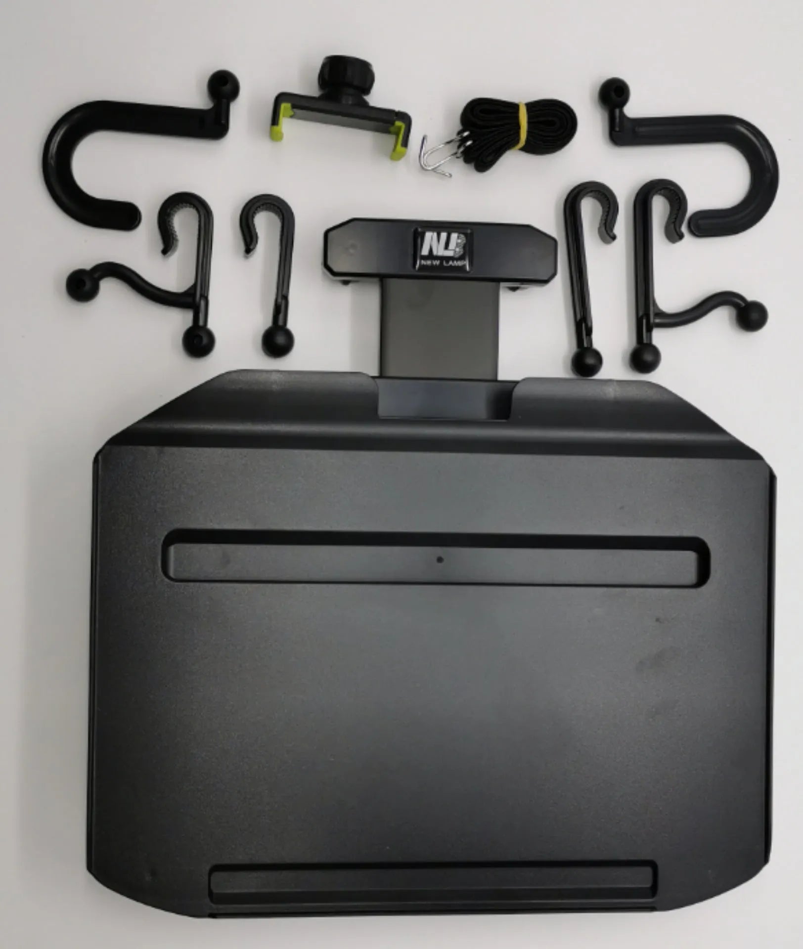 Child car study desk in ABS plastic with laptop holder, two removable trays, and phone holder, black colour