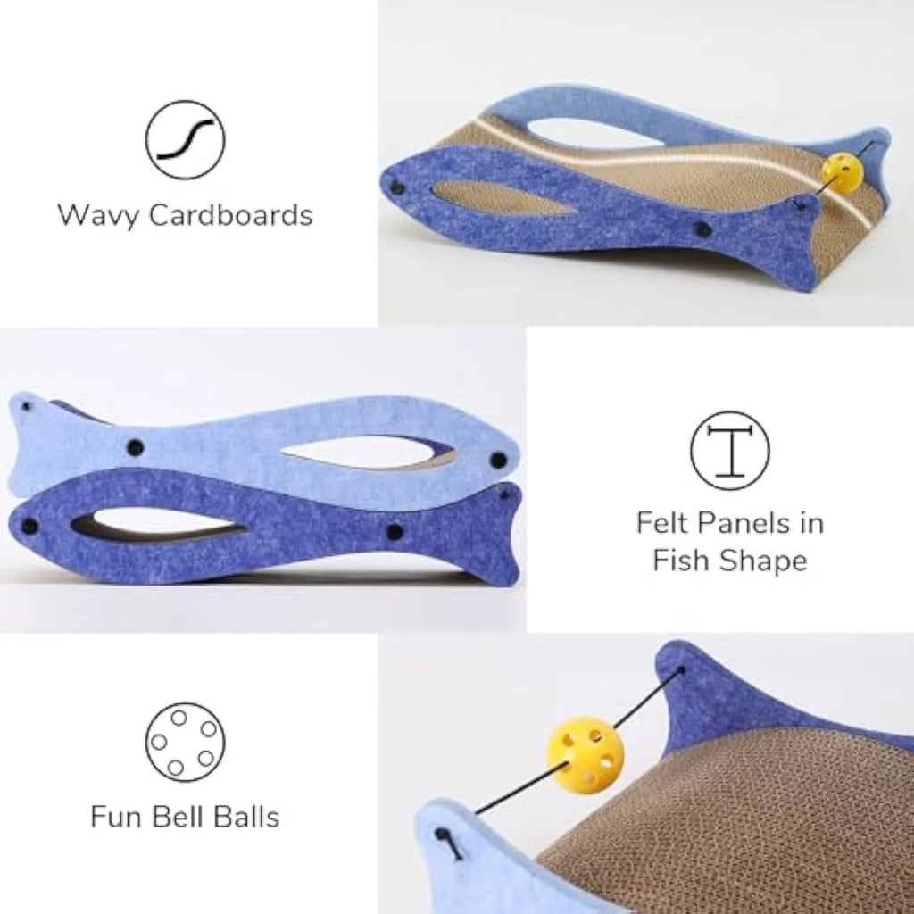Blue fish-shaped cat scratcher pad with wavy design and hanging bell ball toy