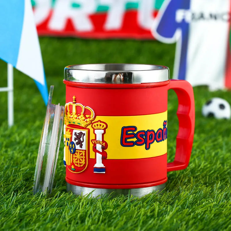 World Cup soccer mug souvenir, rubber and metal, 7.6cm diameter, team colour design