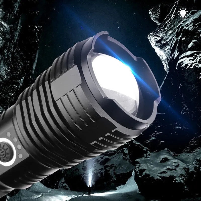 P70 USB charging outdoor flashlight with XHP 70 LED and telescopic zoom in aluminium alloy body