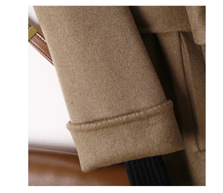 Men's tailored slim fit wool overcoat with a long suit collar in black or caramel colour.