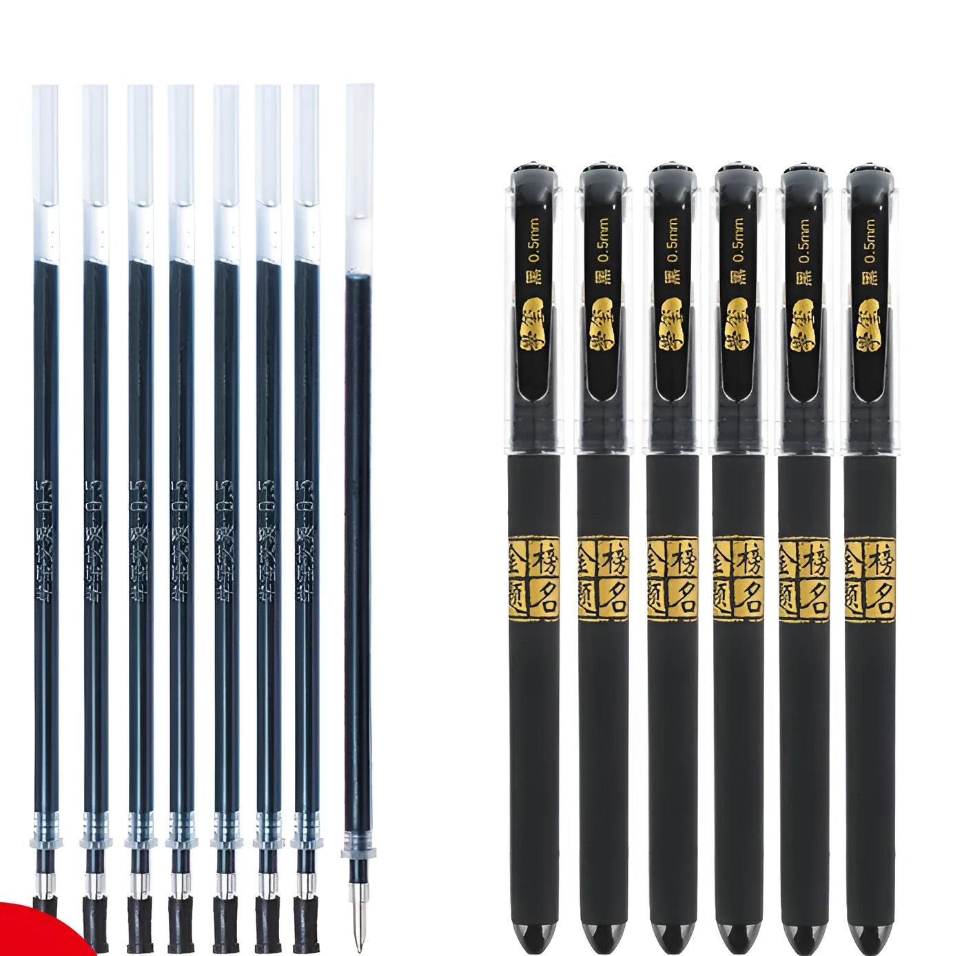 8-pack of black gel pens with snap-on caps, showing needle tip and bullet tip options.