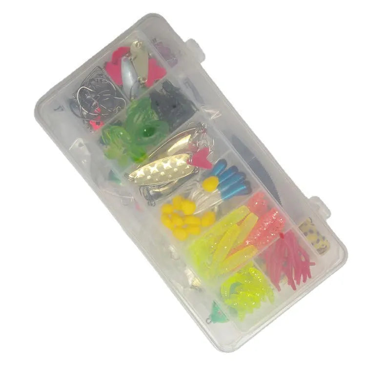 142-piece fishing lure set showing hard mino plastic lures, sequins, fishhooks and fishing pliers