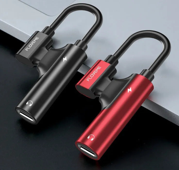 Lightning audio charging adapter in anodised aluminium alloy, 5V1A, black, with dual Lightning ports for charging and earphones
