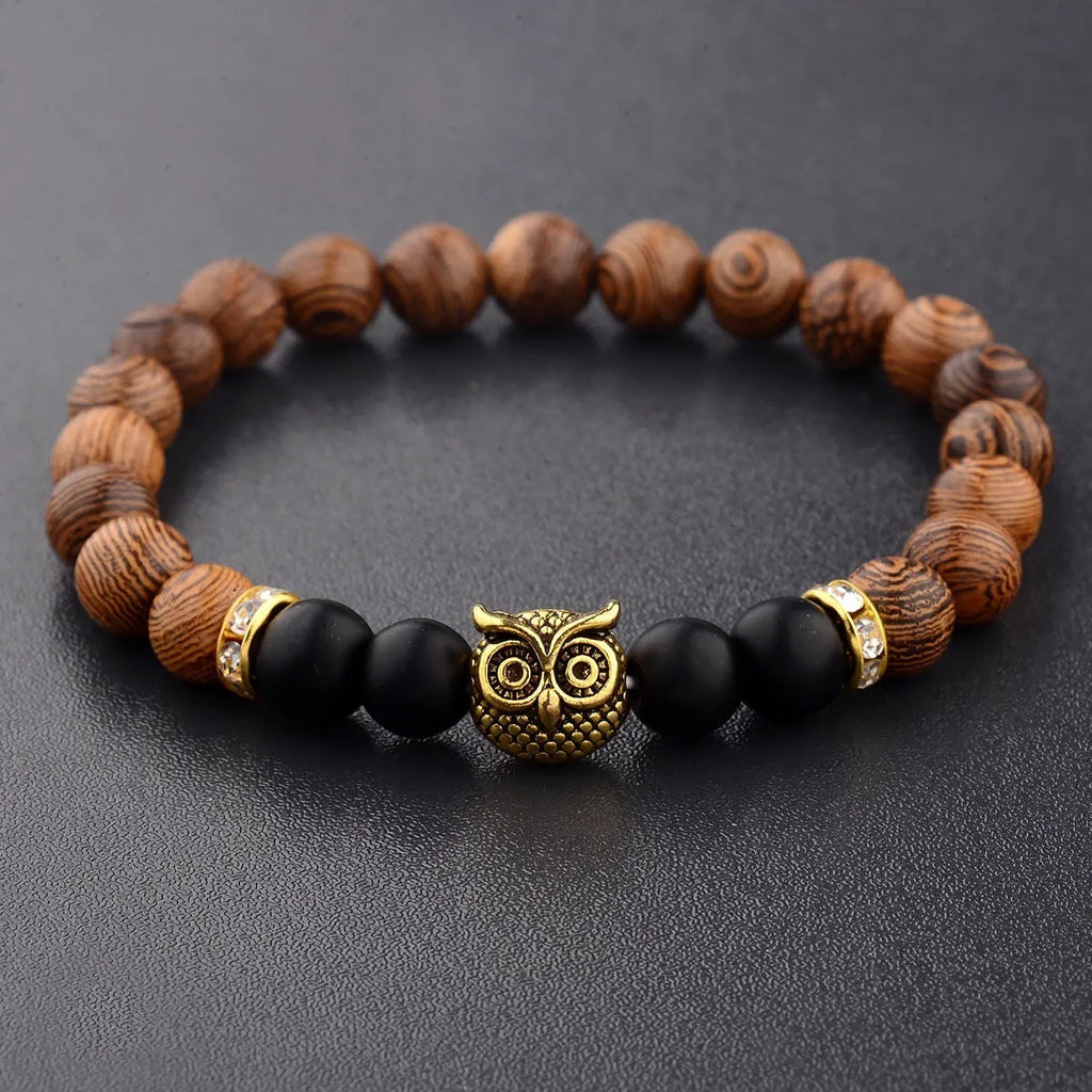 Owl frosted stone lifeline wood grain bracelet with wood beads alloy stone in black and gold colour options