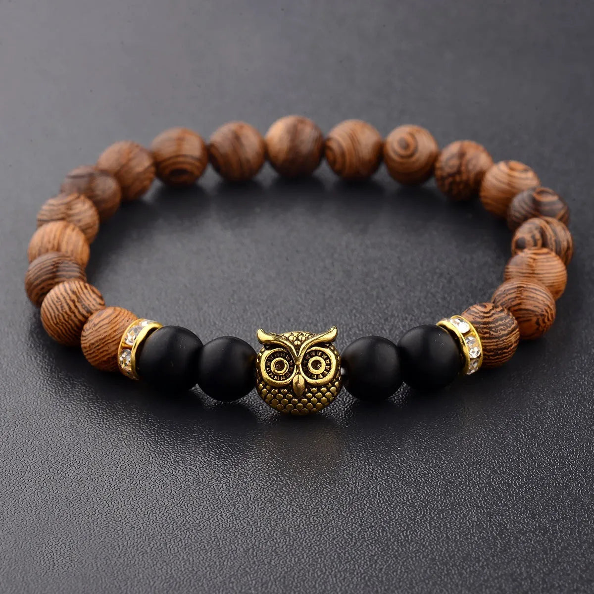 Owl frosted stone lifeline wood grain bracelet with wood beads alloy stone in black and gold colour options