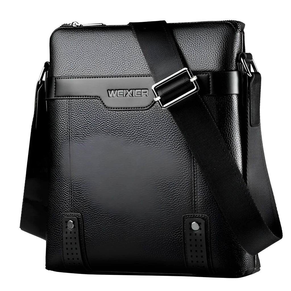 Men's soft PU leather messenger bag in solid colour with zipper closure and interior pockets – black or brown