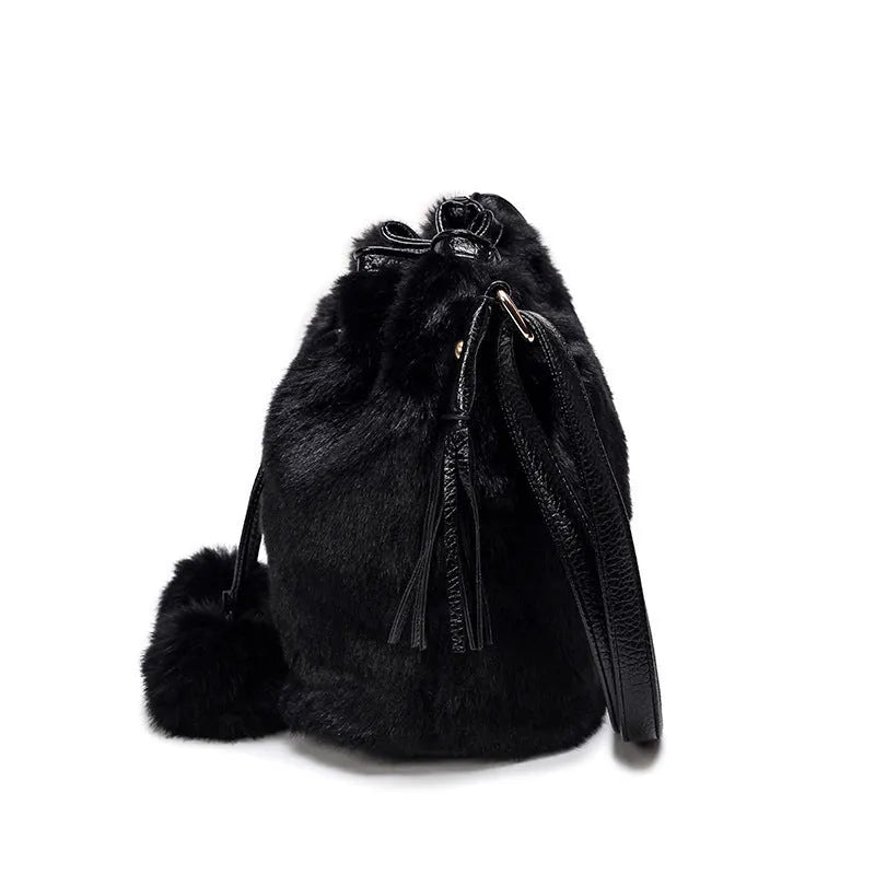 Fashion ladies plush bucket bag in plain pattern with draw belt closure and single strap, available in multiple colours