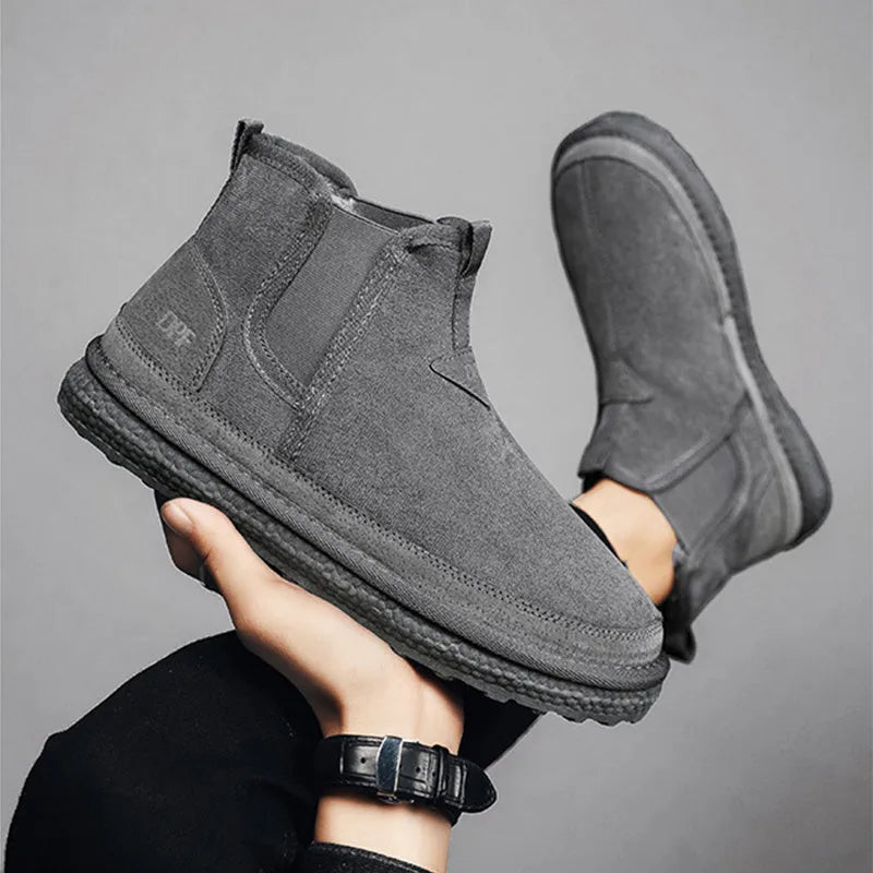 Winter fleece snow boots men ankle boot round-toe black artificial PU PVC outsole casual warm