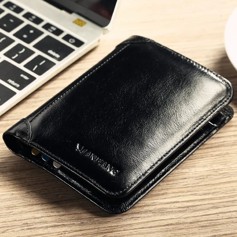 Men's leather wallet showing internal compartments for cards, cash, coins and documents
