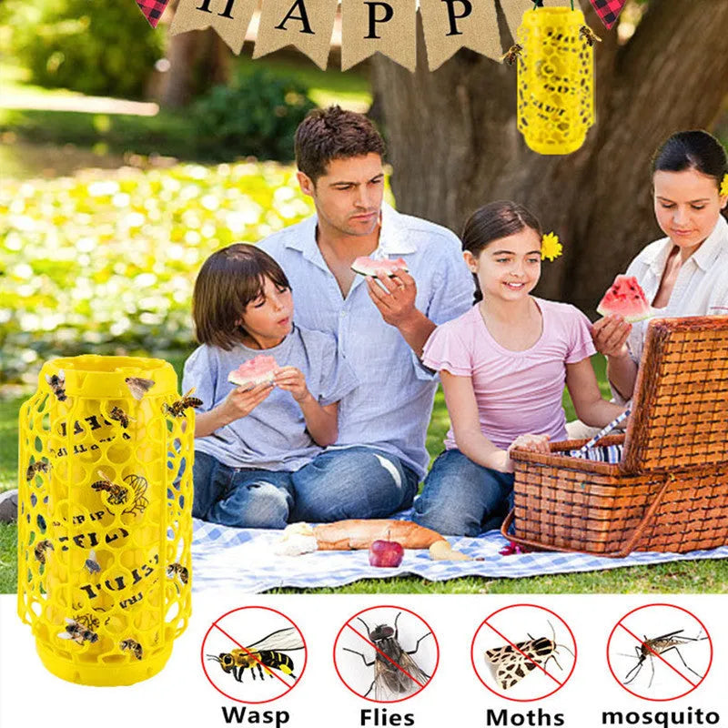 Hanging hornet catcher with sticky catcher and outer mesh for wasps and small flying insects in outdoor settings