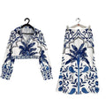 Women's floral casual set with long sleeve top and matching skirt in early spring pattern