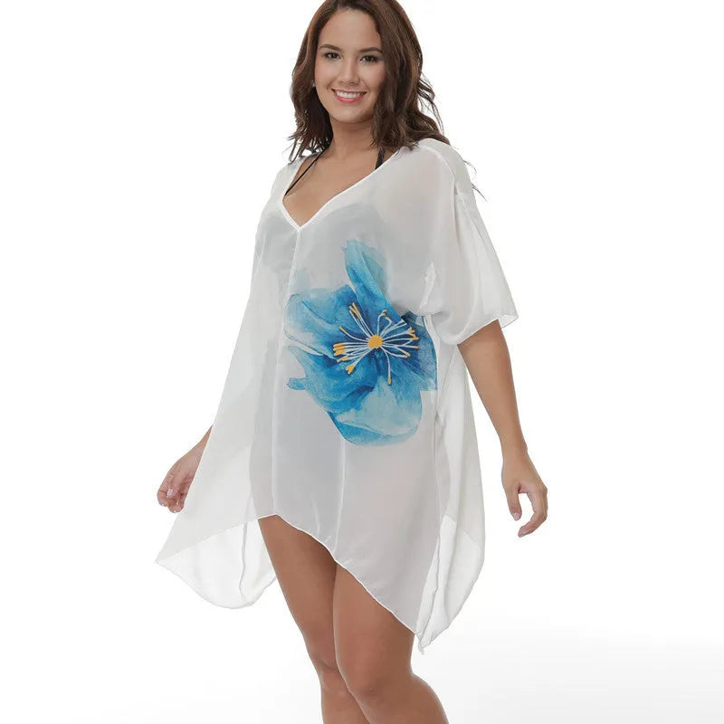 White plus size beach cover-up blouse loose fit chemical fibre blend fabric
