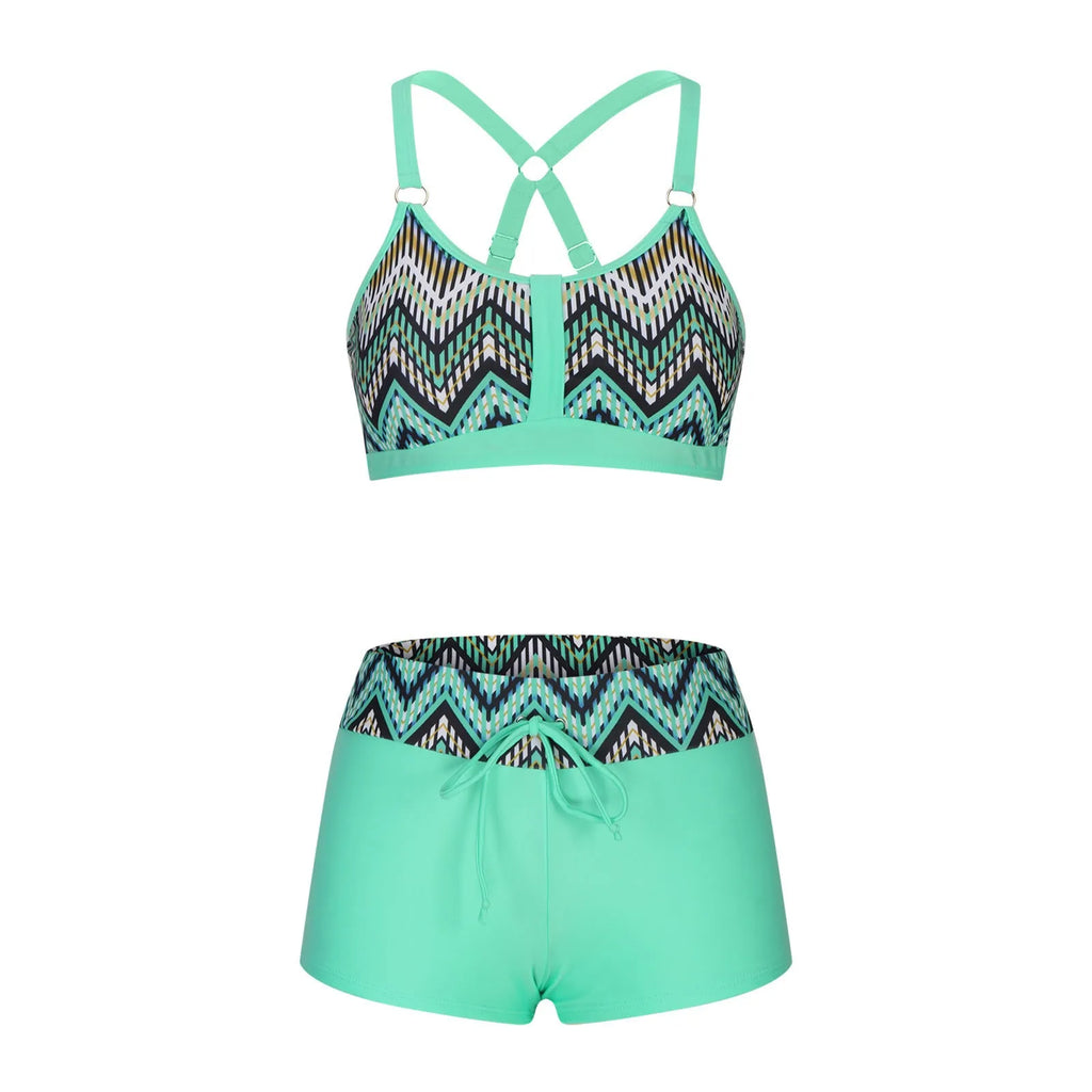 Women's floral print split bikini swimsuit set in polyester fabric