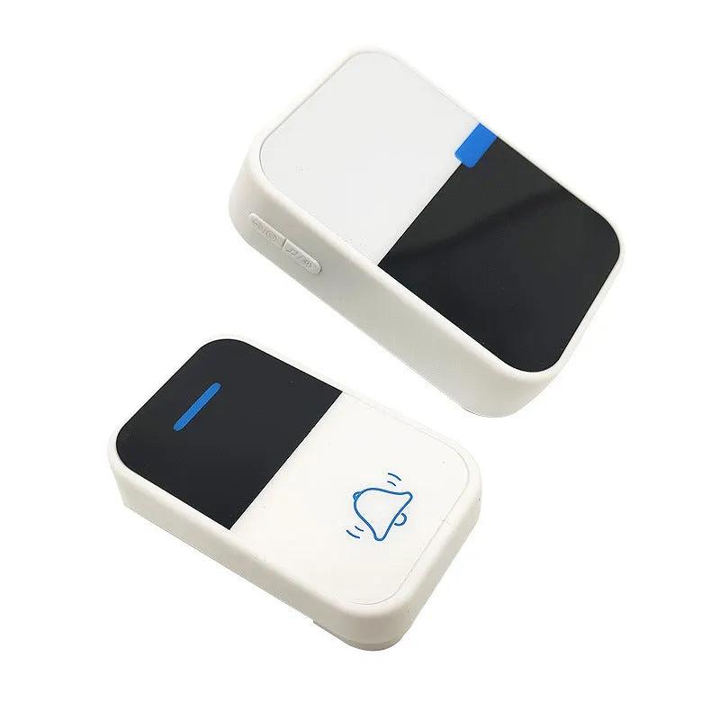 Modern white plastic wireless doorbell with receiver and transmitter units showing compact dimensions