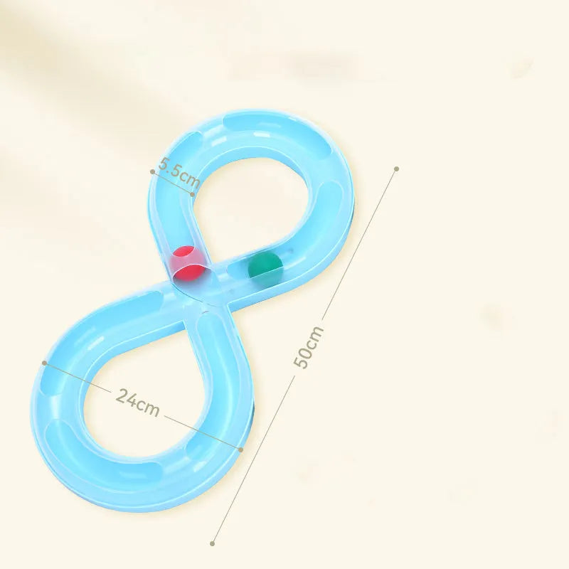 Blue and white interactive cat play station with turntable track, ball, and feather teaser stick.