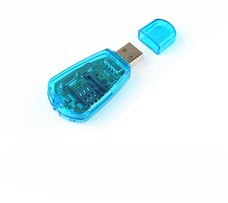 Blue coloured USB SIM card reader for mobile phone data transfer and backup.