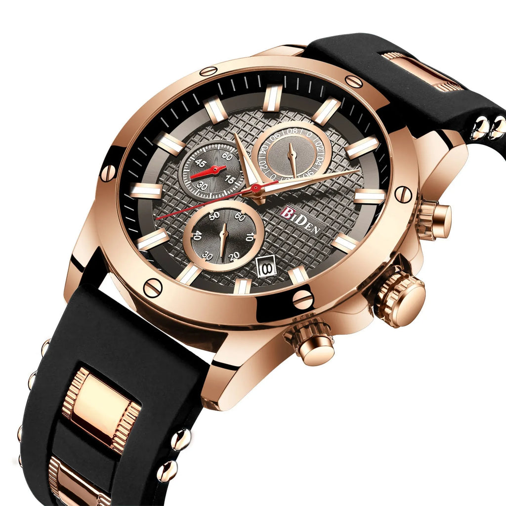Men's quartz watch with blue dial, silicone band, 40mm alloy case and stainless steel pin buckle