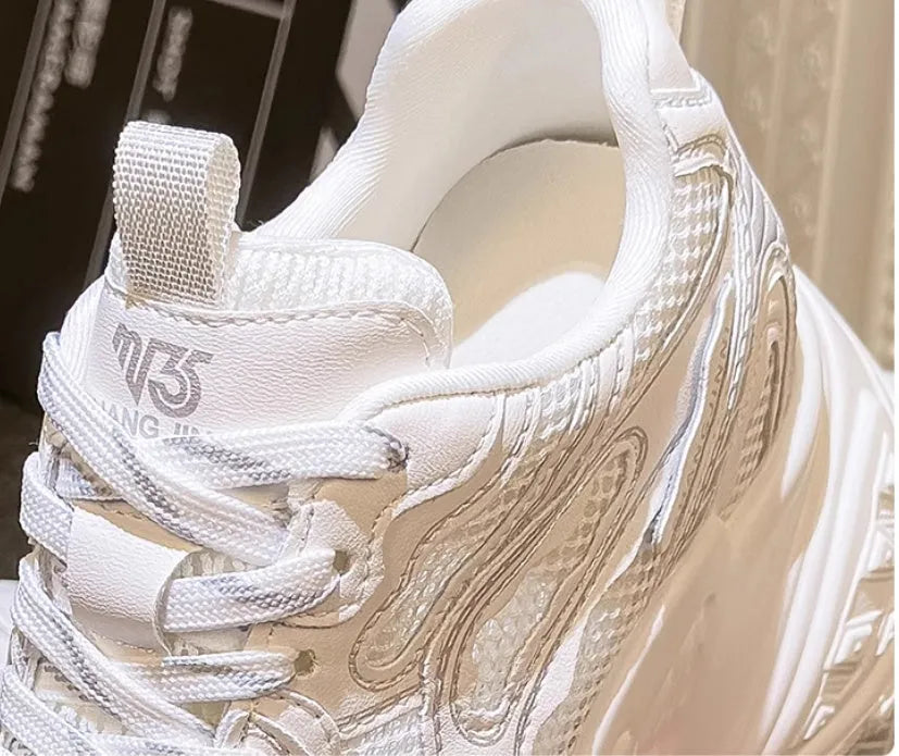 White women's lace-up dad shoes with height increasing insole system and round toe