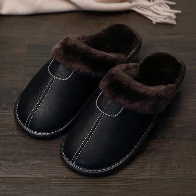 Couple cotton slippers winter home with leather surface and TPR sole in brown