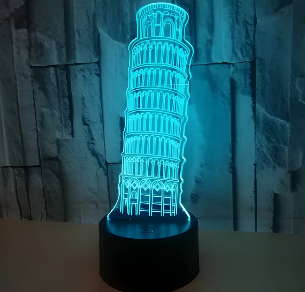 Leaning Tower of Pisa 3D acrylic LED nightlight showing multicolour illumination on black base