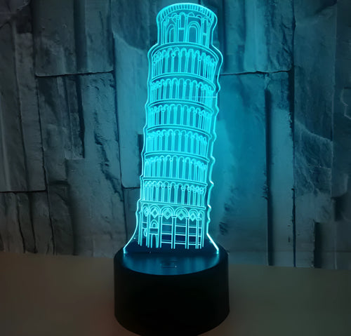 Leaning Tower of Pisa 3D acrylic LED nightlight showing multicolour illumination on black base