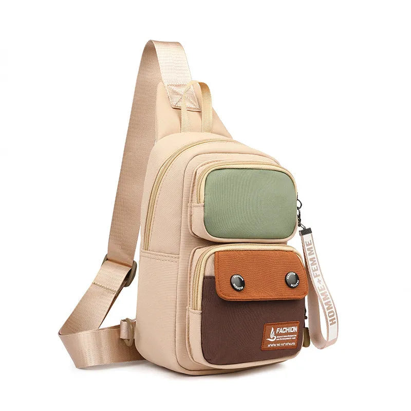 Outdoor leisure crossbody shoulder bag in nylon, shown in black, beige contrast, and light brown contrast colour options.