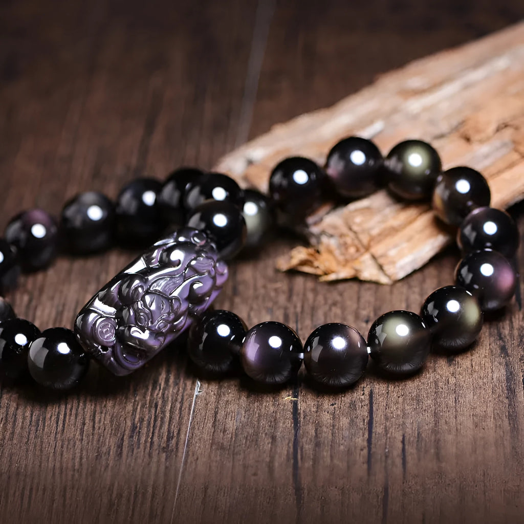 Polished crystal Pi Xiu bracelet in ethnic geometric style on wrist