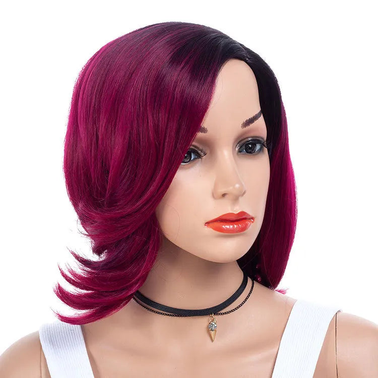 Wine red gradient partial short curly synthetic wig 40cm length high temperature wire fibre natural look
