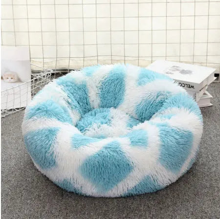 Round PV plush pet bed with raised rim in khaki colour for dogs and cats