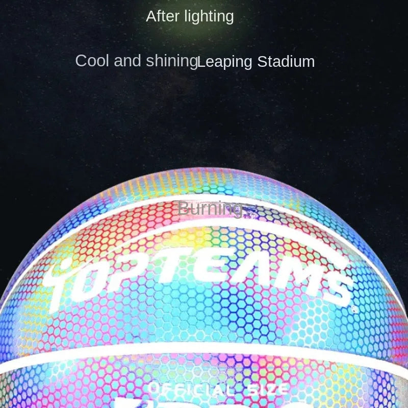 No. 7 size fluorescent basketball with holographic reflective surface on a court.