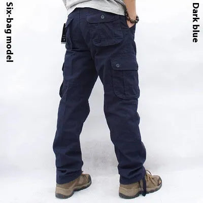 Men's multi-pocket cotton work trousers in solid colour, straight leg, mid waist, zip fly, size L to 5XL