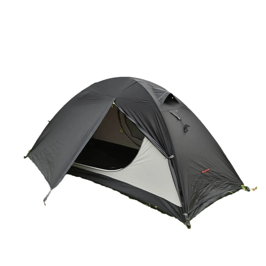 Single person hiking tent with aluminium poles shown in red colour with mesh ventilation panels visible
