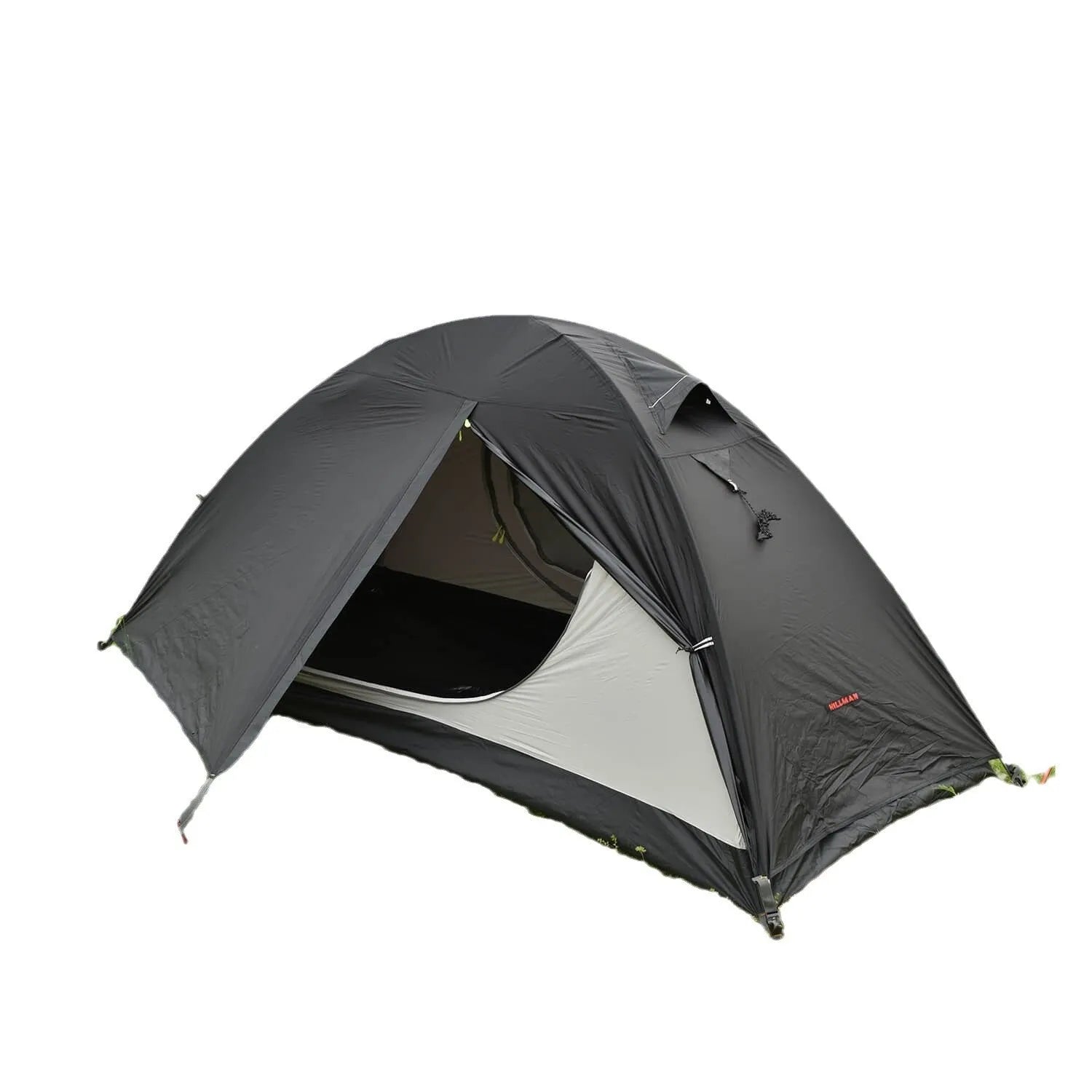 Single person hiking tent with aluminium poles shown in red colour with mesh ventilation panels visible