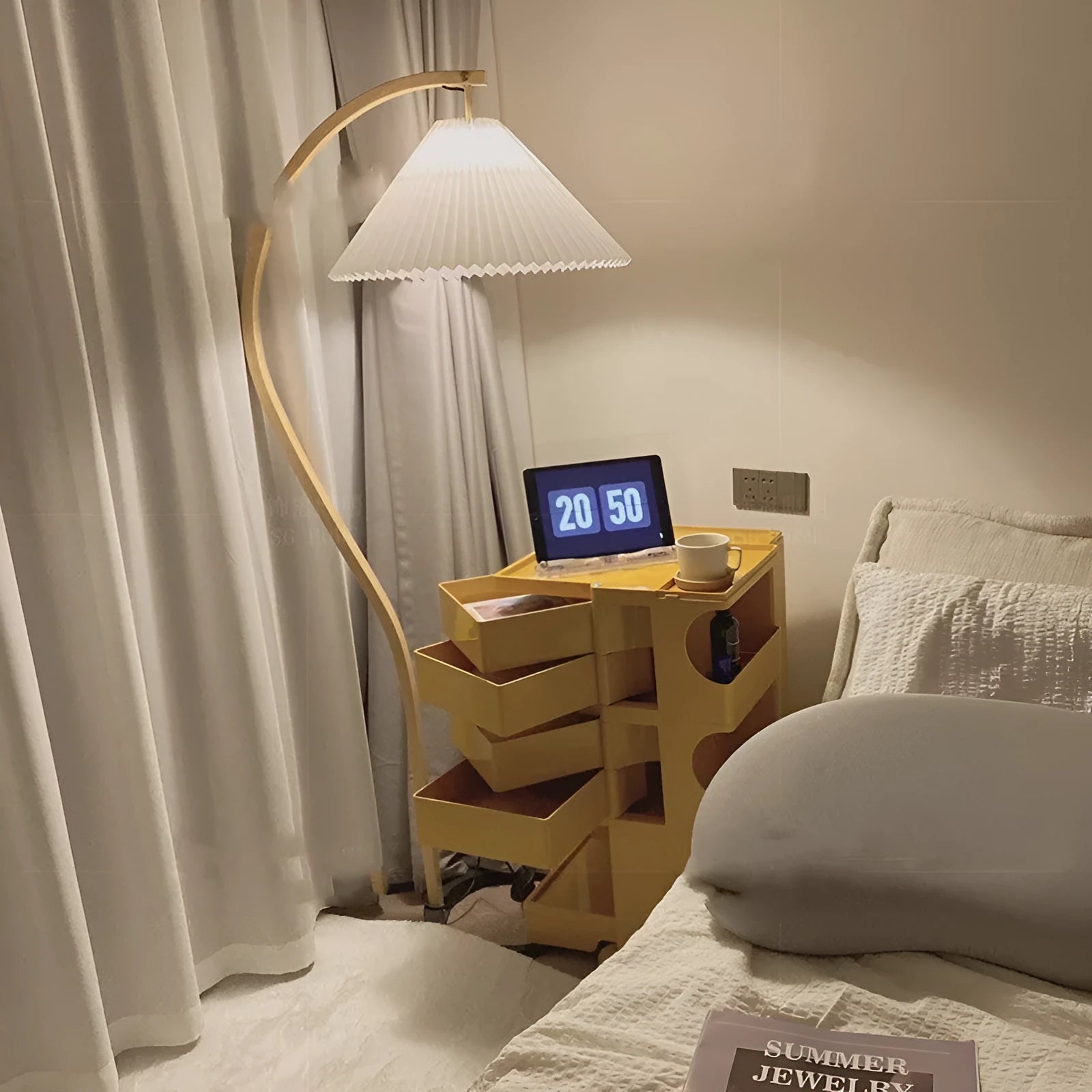 Retro vertical table lamp with three-colour variable light on sofa edge