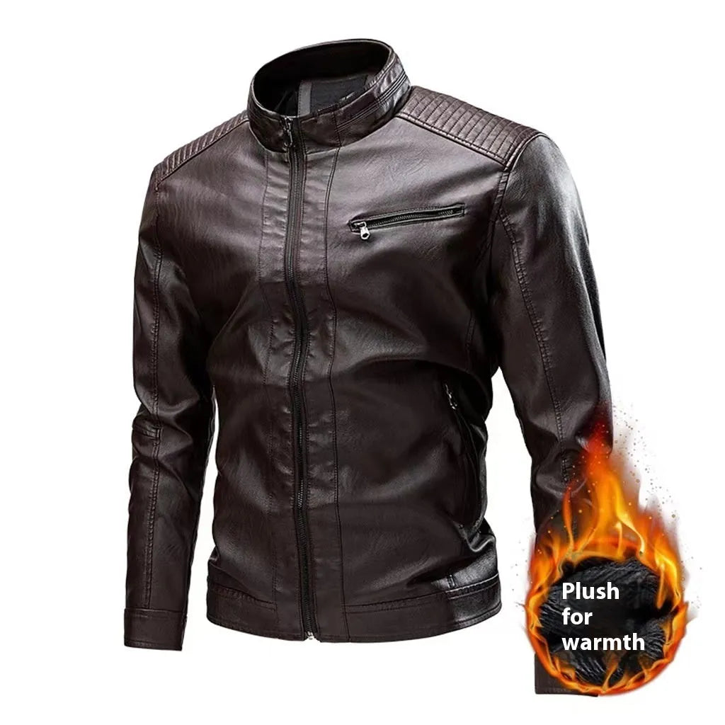 Men's PU leather motorcycle jacket in black with stitching, side pockets, and regular fit