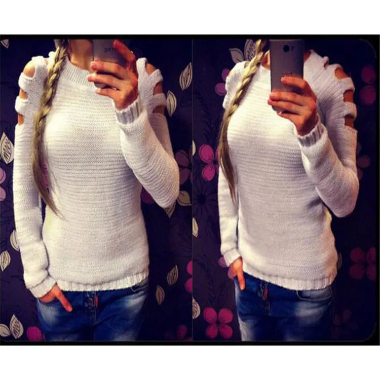 Women's solid colour knitted shirt with crocheted hollow-out long sleeves and round neck.