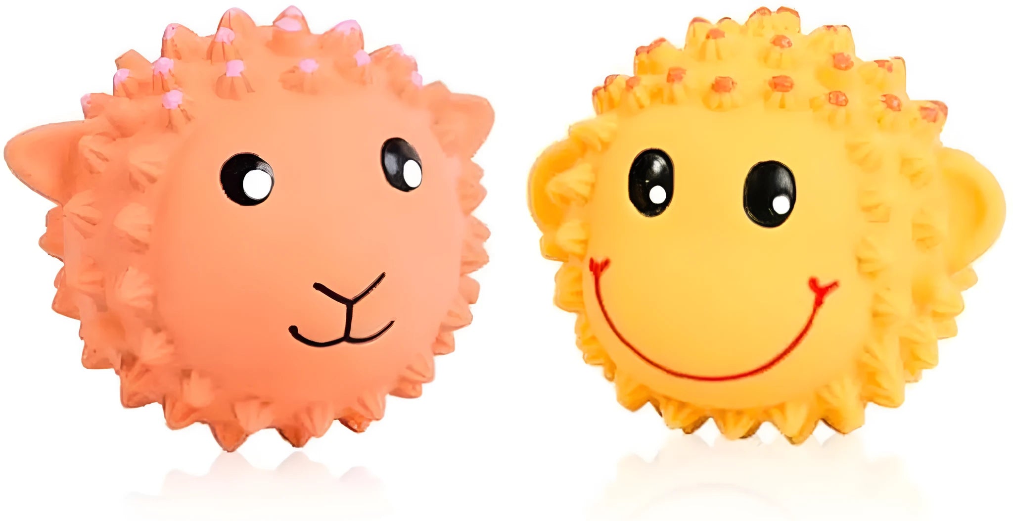 Orange and yellow squeaky latex dog toy with elastic spikes for teeth cleaning