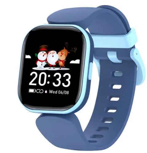Blue H39T children's smartwatch with a black sports strap on a wrist, showing its 1.4-inch touchscreen.