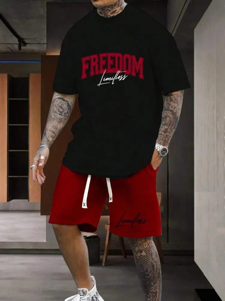 Men's 3D printed suit set with personality letter design on short sleeve top and matching shorts