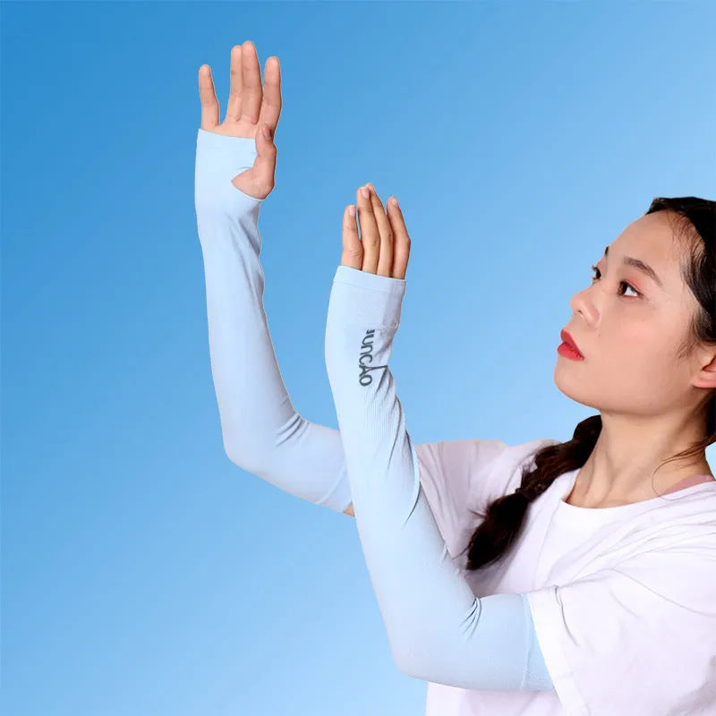 Unisex black sun protection driving sleeve with open finger design on an arm.